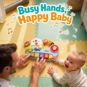 Baby playing with a toy piano on a yellow mat with 'Busy Hands, Happy Baby' text.