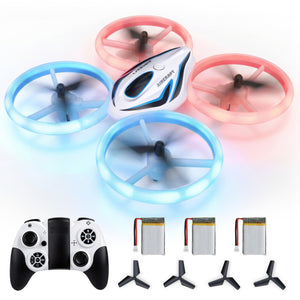 Mini drone with LED lights, controller, and spare parts on a white background