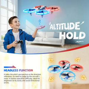 Child playing with a drone indoors, with text about altitude hold and headless function.