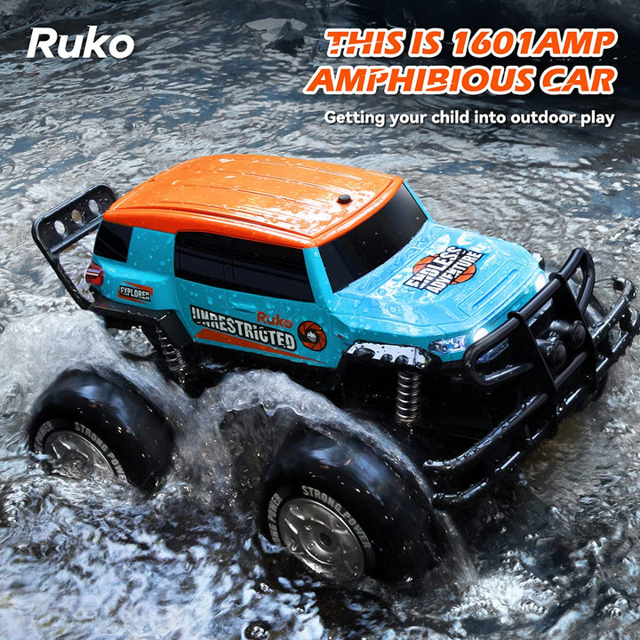 Ruko 1601AMP Amphibious RC Cars 1:10 Scale Large Monster Truck for Boys, 4WD Off Road Vehicle with 2 Rechargeable Batteries for 40 Min & Waterproof Remote Control, for Kids - RuKo