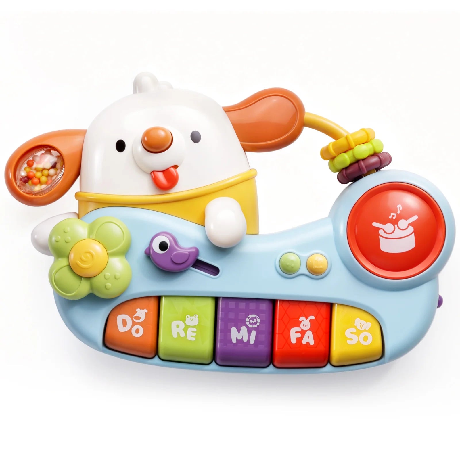 Colorful toy piano with cartoon character on a white background