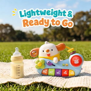 Children's toy piano and bottle on a blanket with 'Lightweight & Ready to Go' text in an outdoor setting.
