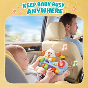 Baby playing with a toy in a car seat, with text 'Keep Baby Busy Anywhere'.