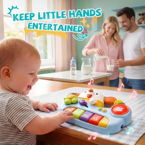Child playing with a toy piano while parents prepare food in the background, with text 'Keep Little Hands Entertained'.