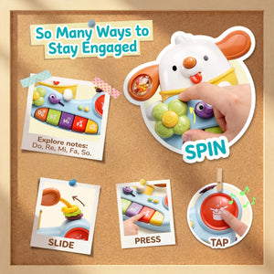 Children's educational toy with various interactive elements on a cork board background.