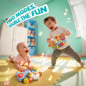 Two children playing with toys on a colorful mat in a room with shelves and toys.