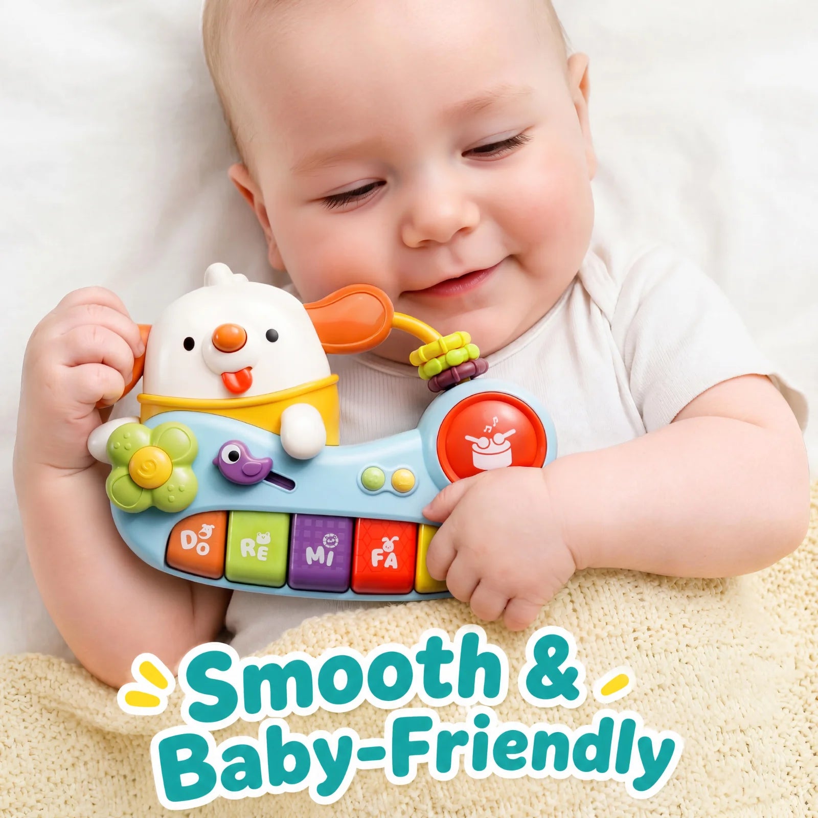 Baby holding a colorful toy with text 'Smooth & Baby-Friendly'