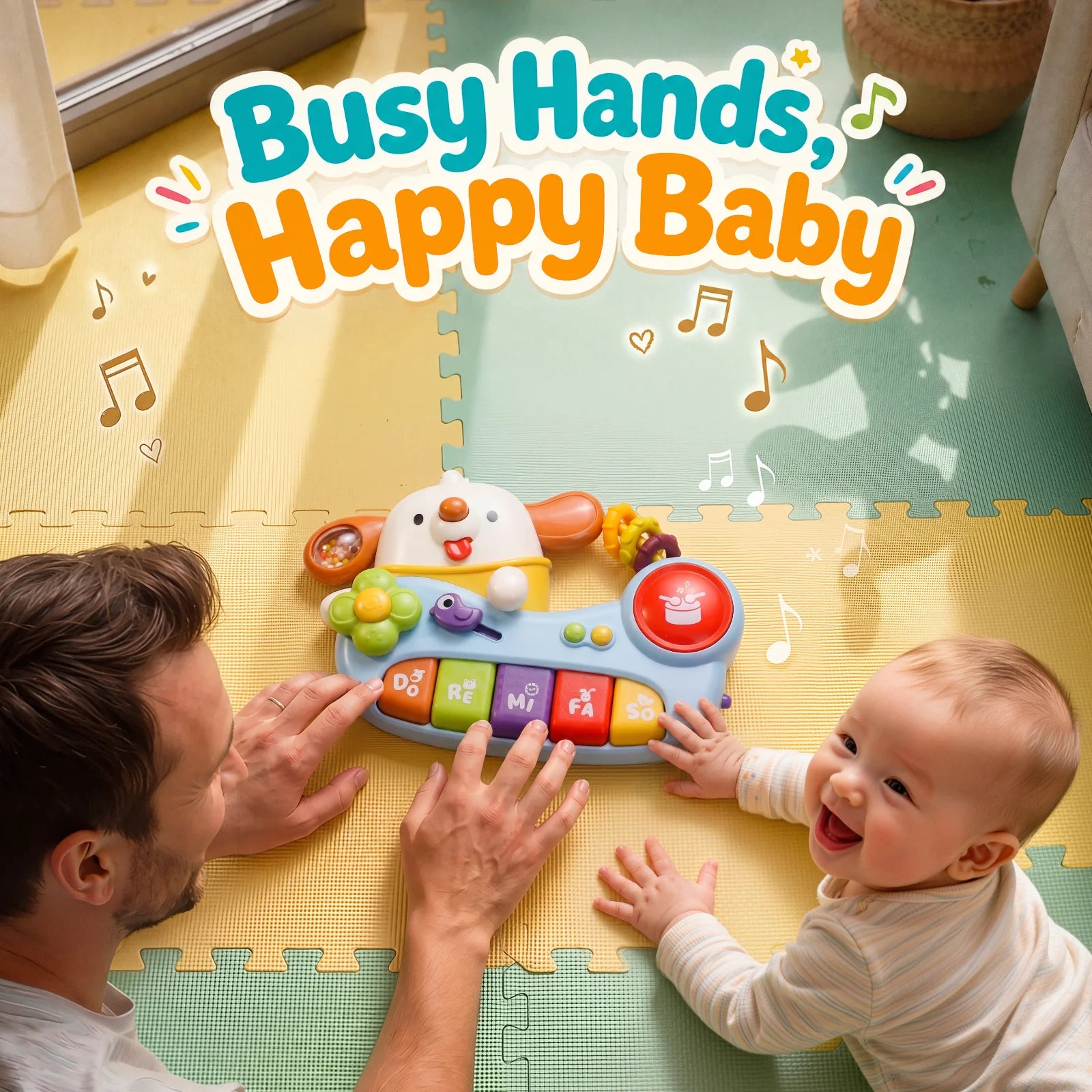 Baby playing with a toy piano on a yellow mat with 'Busy Hands, Happy Baby' text.