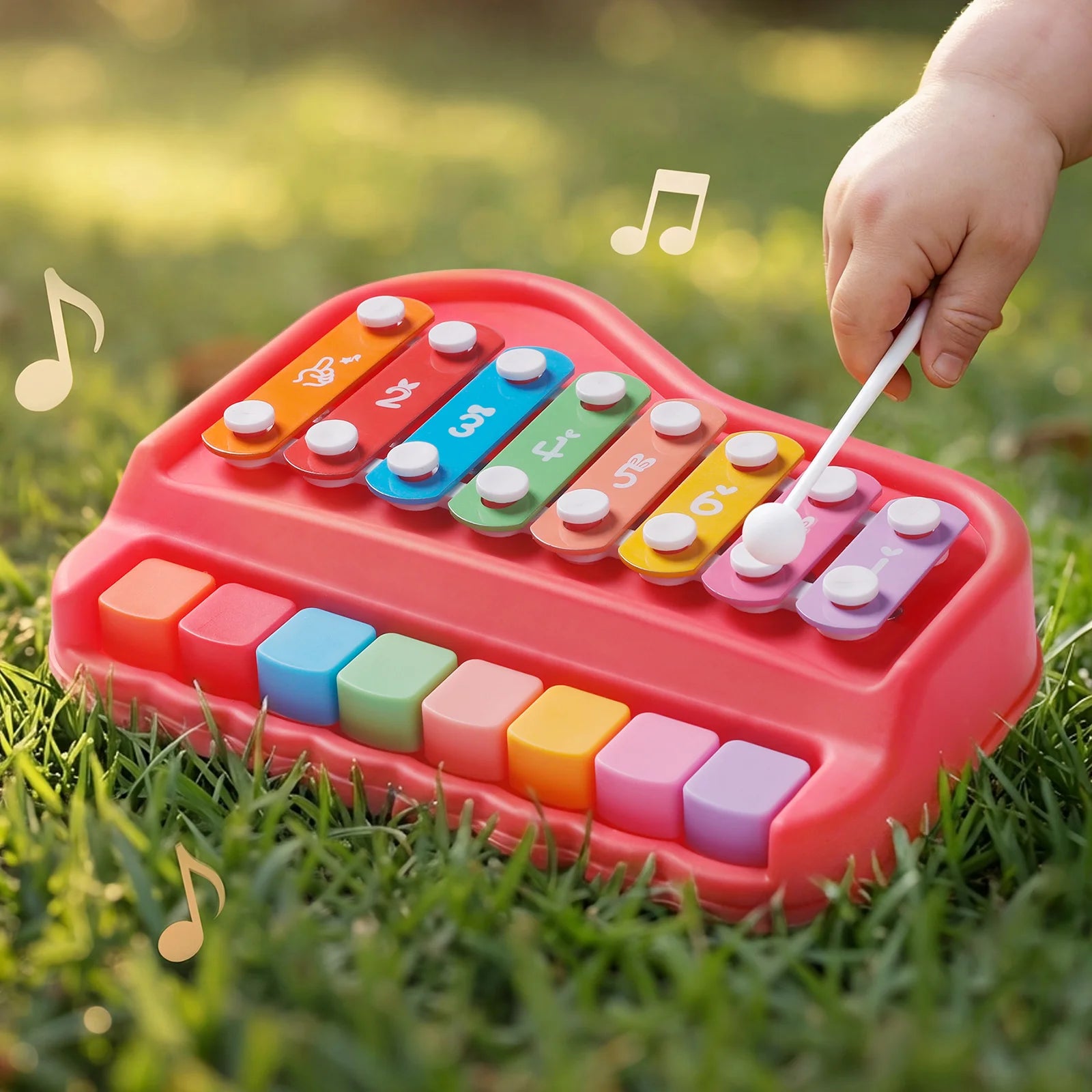 Colorful toy keyboard with child's hand playing on grass
