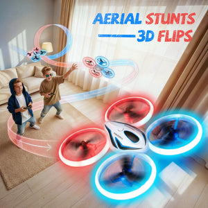 Toy drone with glowing red propellers on a dark background