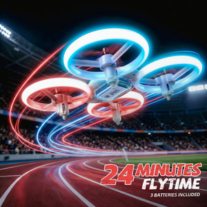 Drone with glowing red and blue lights on a sports field with '24 Minutes Flytime' text.