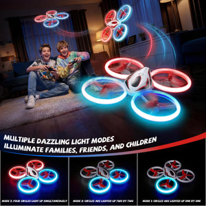 Two children playing with a glowing drone in a living room.