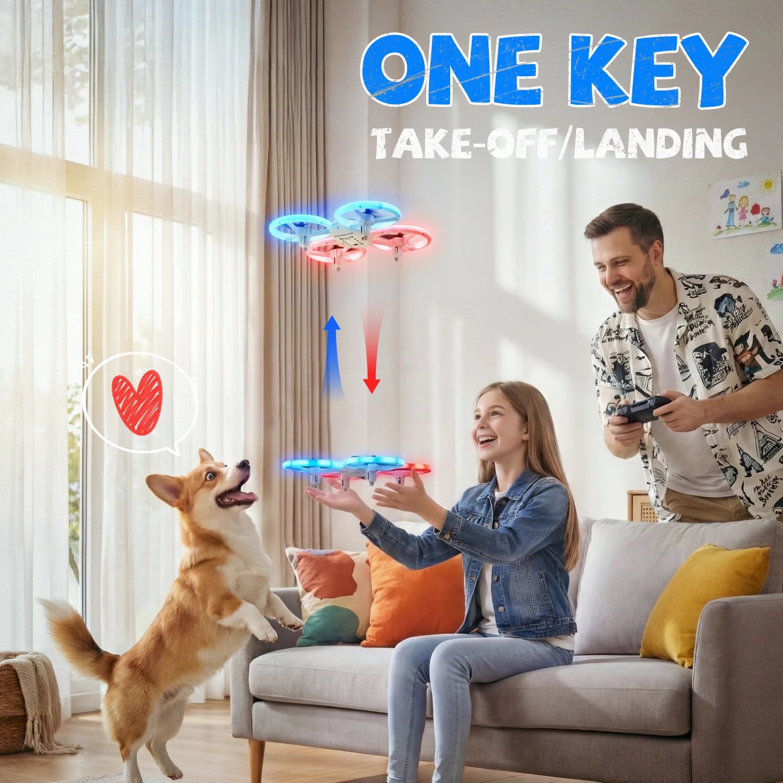 Family playing with a drone in a living room