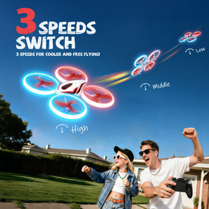 Two drones with glowing blue and red lights on a sports field with '24 Minutes Flytime' text.