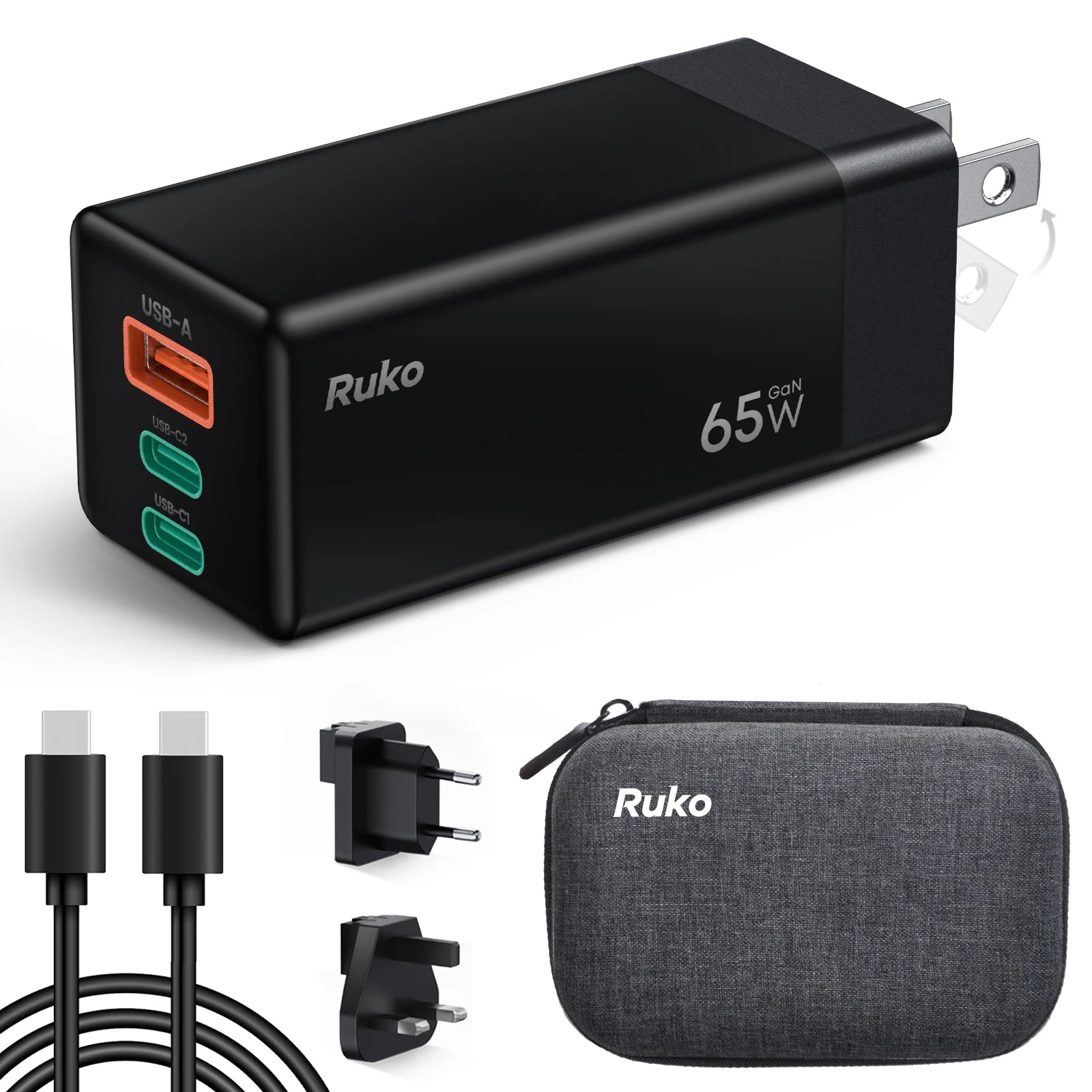 Ruko 65W USB C Charger, 3 Port International Travel Charger Kit